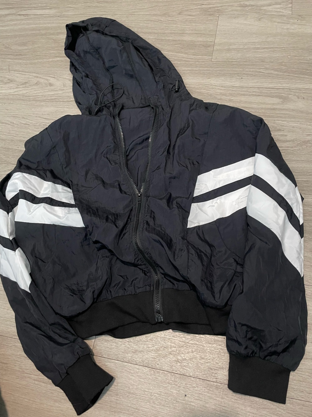 Black Hooded Windbreaker Jacket with White Sleeve Stripes